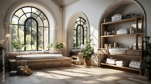 Mediterranean interior design of modern spacious bathroom with rustic elements and arched windows