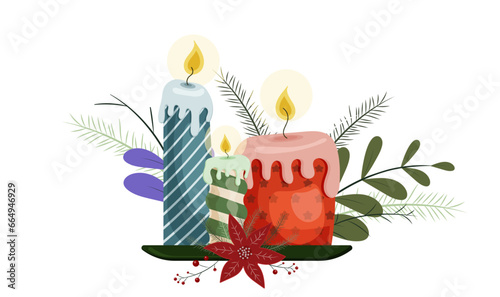 Set of cute cartoon candles. Christmas and New Year decoration. Leaves ornament. Collection of red, green and blue striped sticks. Holiday concept. Isolated on white background. Vector illustration
