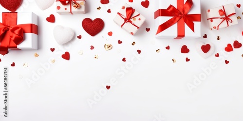 Romantic Love: Red Hearts and Gifts on White Wooden Background