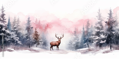Watercolour Seamless Surface Pattern Tile: Modern Delicate Misty Foggy Eco Line of Pine Spruce Fir Forest Pattern on White Isolated Background: Textiles, Wallpaper & Home Decor. Deer, Stag.
