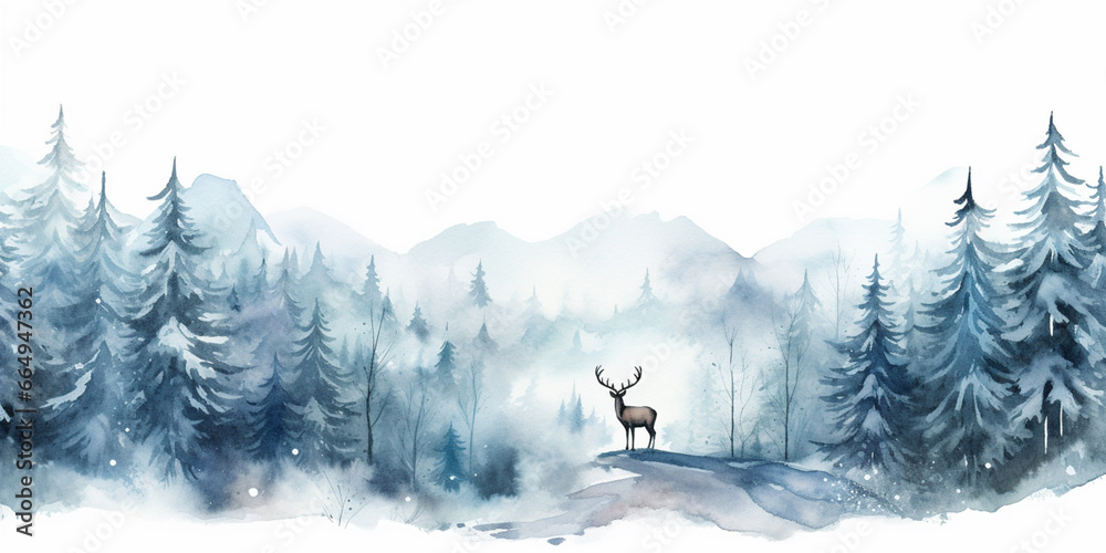 Watercolour Seamless Surface Pattern Tile: Modern Delicate Misty Foggy Eco Line of Pine Spruce Fir Forest Pattern on White Isolated Background: Textiles, Wallpaper & Home Decor. Deer, Stag. Watercolour Seamless Surface Pattern Tile: Modern Delicate Misty Foggy Eco Line of Pine Spruce Fir Forest Pattern on White Isolated Background: Textiles, Wallpaper & Home Decor. Deer, Stag.