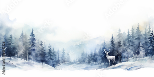 Watercolour Seamless Surface Pattern Tile: Modern Delicate Misty Foggy Eco Line of Pine Spruce Fir Forest Pattern on White Isolated Background: Textiles, Wallpaper & Home Decor. Deer, Stag. © PEPPERPOT