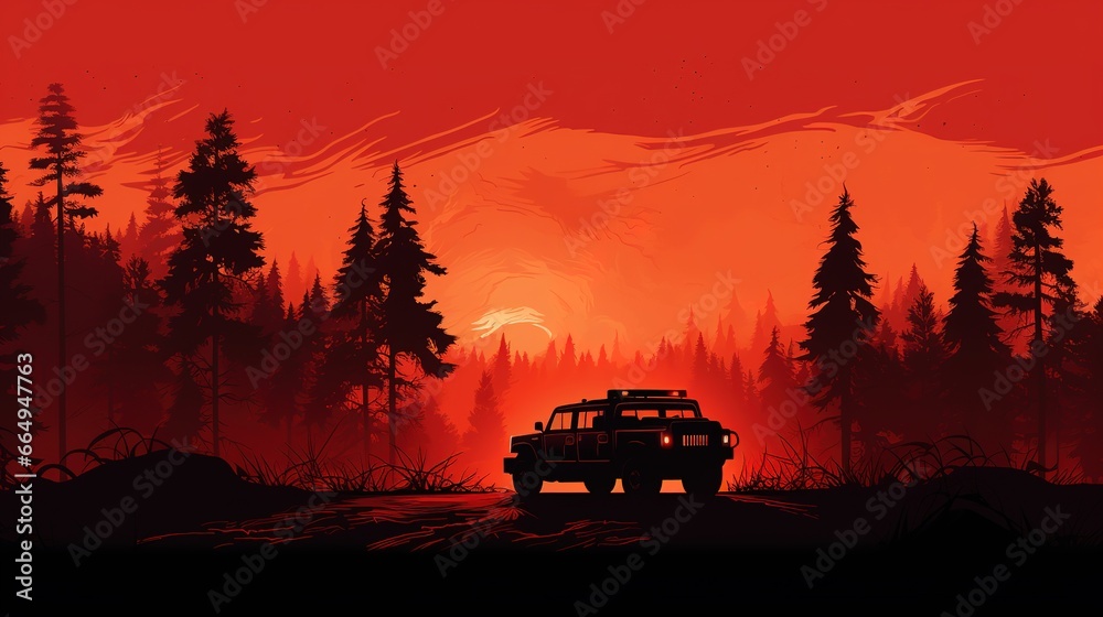 Red and orange burning forest wildfire, black trees silhouette visible against heat glow, small firefighter vehicle near