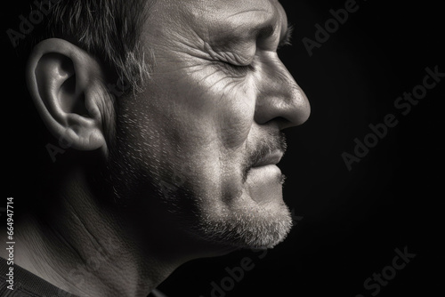 Porträt, Profil eines Mannes mit geschlossenen Augen, schwarz- weiß Bild