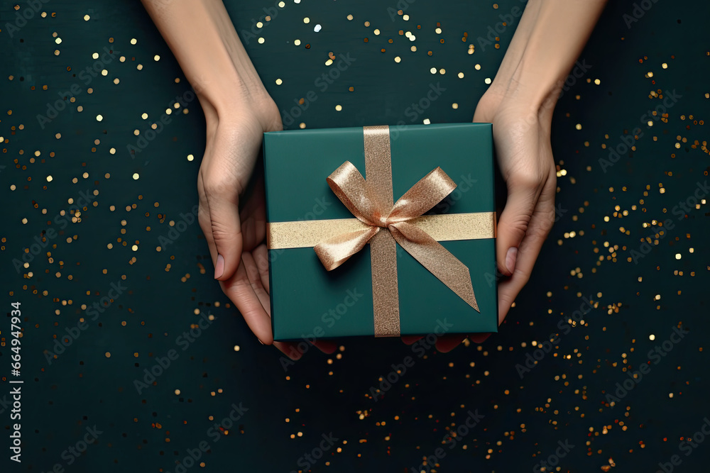 Woman holding a gift on a green background