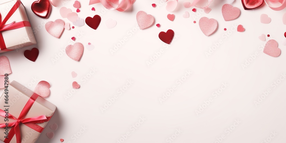 Elegant Valentine's Day Flat Lay with Heart Confetti and Gifts Elegant Valentine's Day Flat Lay with Heart Confetti and Gifts