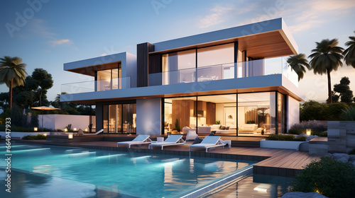 Exterior of modern minimalist cubic villa with balcony, terrace and swimming pool 