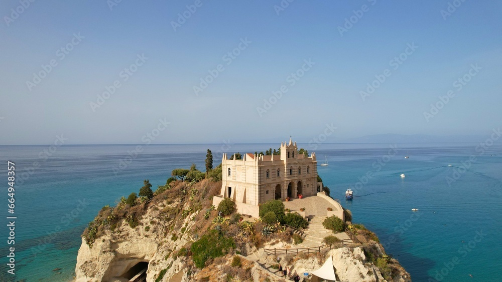 Tropea - Italy - Aerial view of the Byzantine pilgrimage church from the Middle Ages on a steep rock overlooking the sea