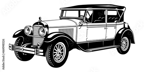 Classic Vintage Retro Car Cabriolet. Black and white vector clipart isolated on white.