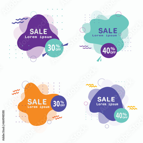 Set of modern abstract vector banners. Flat geometric shapes of different colors with black outline in memphis design style. Amoeba concept. Template ready for use in web or print design.