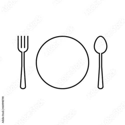 Plate  spoon and fork icon. Tableware line icon. Dinner  utensil  table setting. Restaurant concept
