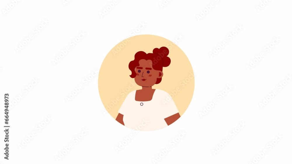 African-american curly hair woman relaxed smiling 2D avatar animation. Posing black young adult flat cartoon 4K video, transparent alpha channel. Positive headshot animated portrait on white African-american curly hair woman relaxed smiling 2D avatar animation. Posing black young adult flat cartoon 4K video, transparent alpha channel. Positive headshot animated portrait on white