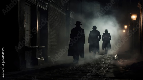 Several dark silhouettes of criminal people