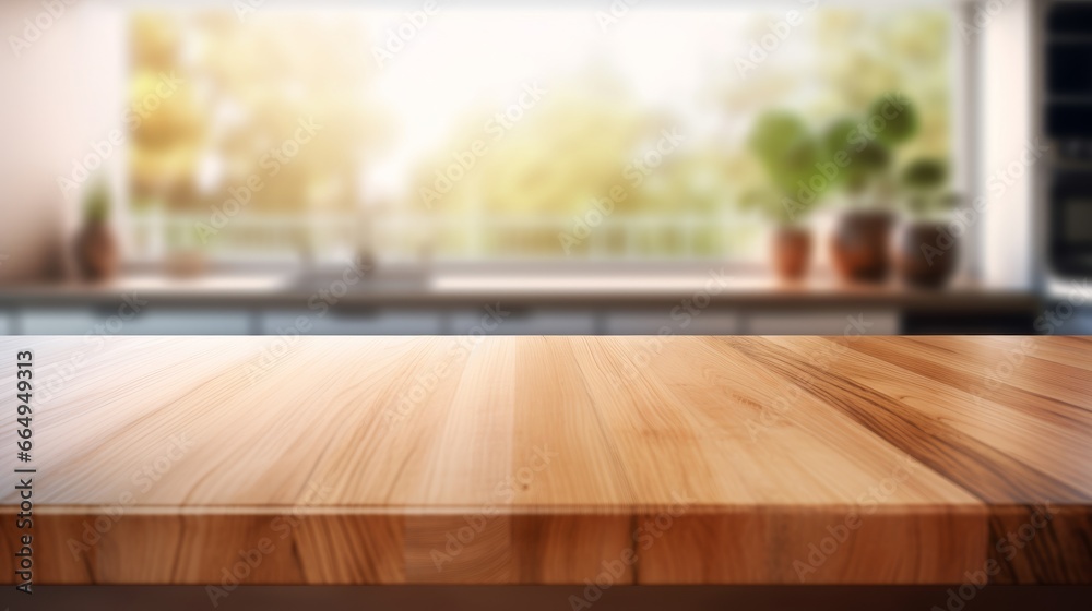 Empty wooden table for product display with a blurred modern kitchen background. Generative AI Empty wooden table for product display with a blurred modern kitchen background. Generative AI