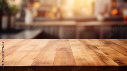 Empty wooden table for product display with a blurred modern kitchen background. Generative AI