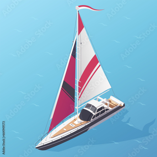 Cartoon yacht with red sails. Blue ocean around. Sea boat, marine ship. Nautical transport, sailboat travel, summer vacation. Holiday cruise, adventure journey. Isometric vector illustration