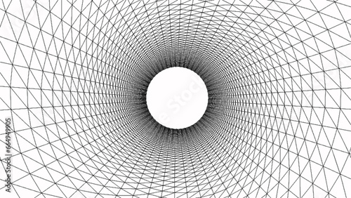 Black wireframe tunnel, Abstract wireframe funnel. Abstract dynamic wormhole tunnel on white background. Deep wavy wormhole. 3d rendering