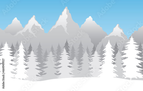 Vector illustration of beautiful snowy mountains with pine forrest