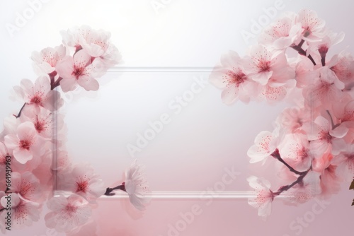 Glass frame decorated with sakura flowers, light and airy pink background for your text