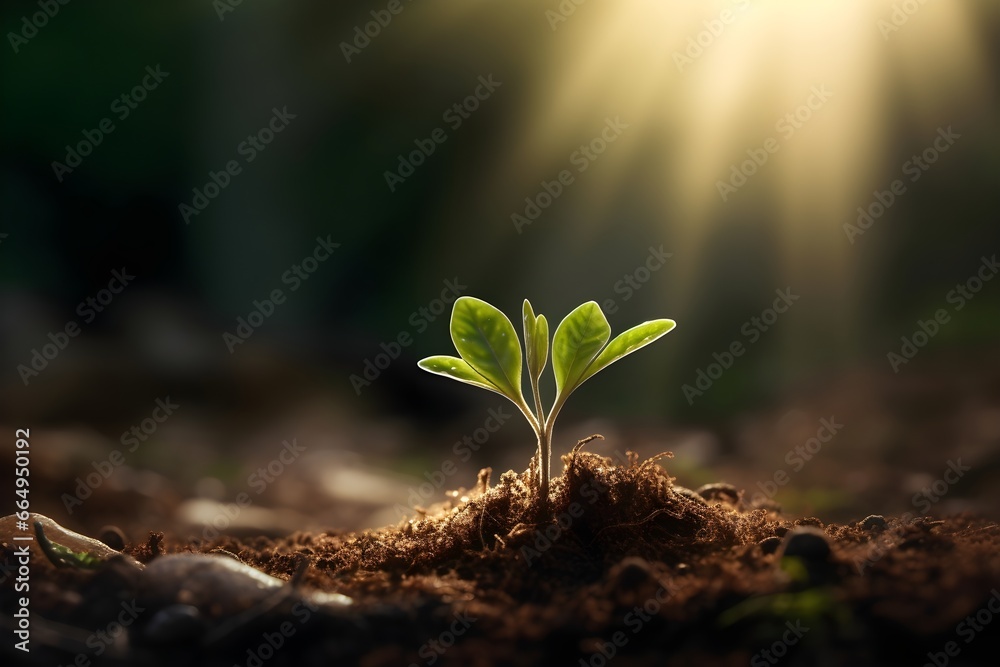 Young Plant Sprouting in Sunlit Soil. generative ai