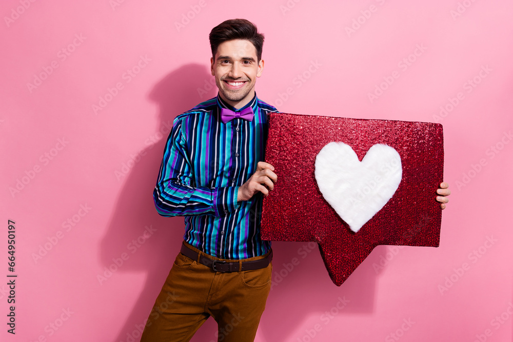 Portrait of nice positive elegant person hands hold like notification collage isolated on pink color background Portrait of nice positive elegant person hands hold like notification collage isolated on pink color background