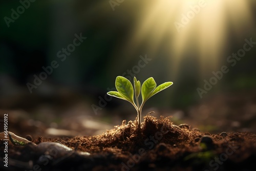 Young Plant Sprouting in Sunlit Soil. generative ai