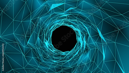 Fototapeta Naklejka Na Ścianę i Meble -  Abstract wireframe tunnel. Bright blue wormhole. 3D portal grid. Futuristic fantasy triangle funnel. Abstract dynamic wormhole tunnel on black background. Deep wavy wormhole