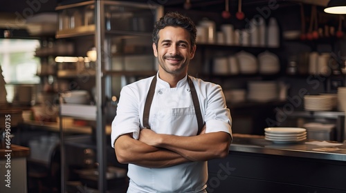 Smiling Chef in Kitchen, Arms Crossed