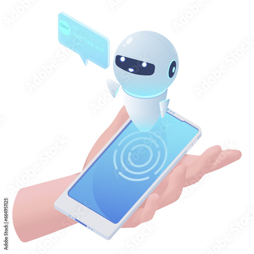 Wallpaper Mural Man holding smartphone with chat bot robot with speech bubble hologram. Network interface. Artificial intelligence technology. Digital futuristic innovation. White background. Vector illustration Torontodigital.ca