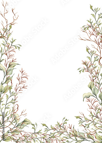 Watercolor forest frame. Woodland invitation template Illustration.