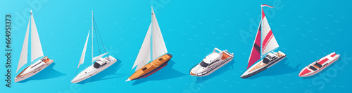 Set of various cartoon water transport in row. Collection of sailboat, yacht, motor boat. Blue ocean water. Sea marine ship. Summer nautical vacation. Adventure cruise. Isometric vector illustration