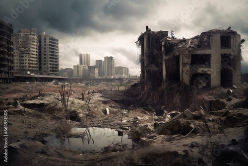 Dystopian urban landscape with remnants of an ape civilization. Generative AI