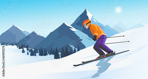 Skier in orange jacket. Picturesque landscape, ski season. Extreme freestyle downhill on snowy slope. Outdoor vacation, memorable resort. Active winter sport. Recreation concept. Vector illustration