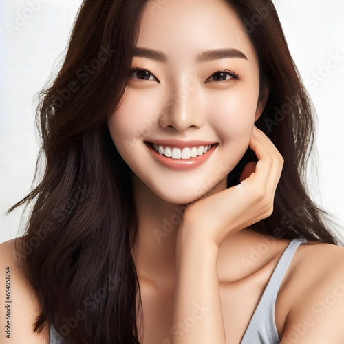 Young and beautiful Asian  Korean  woman with beautiful smile and neat white clean teeth. Available for dental  dermatology or cosmetic ads