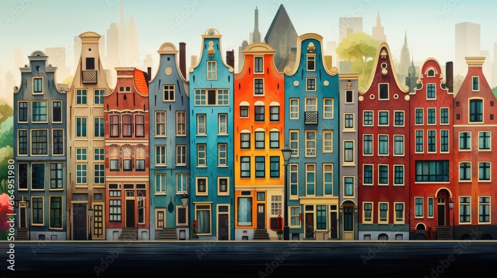 A painting of a row of buildings in a city