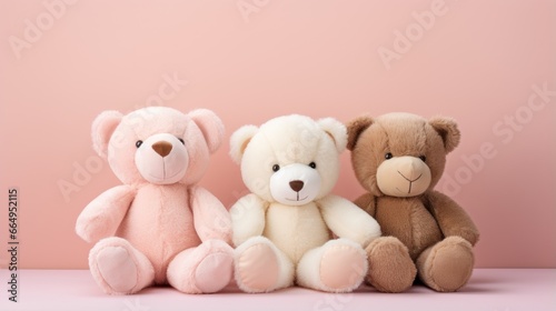 A joyful gathering of white, light brown, and dark brown teddy bears rests together on a table, with a soft pink wall background. © sopiangraphics