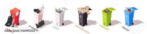 Set of various garbage and rubbish bin designed for recycling. Collection of mixed, e-waste, paper and carton, organic, metal trash sorting. Isolated on white background. Isometric vector illustration
