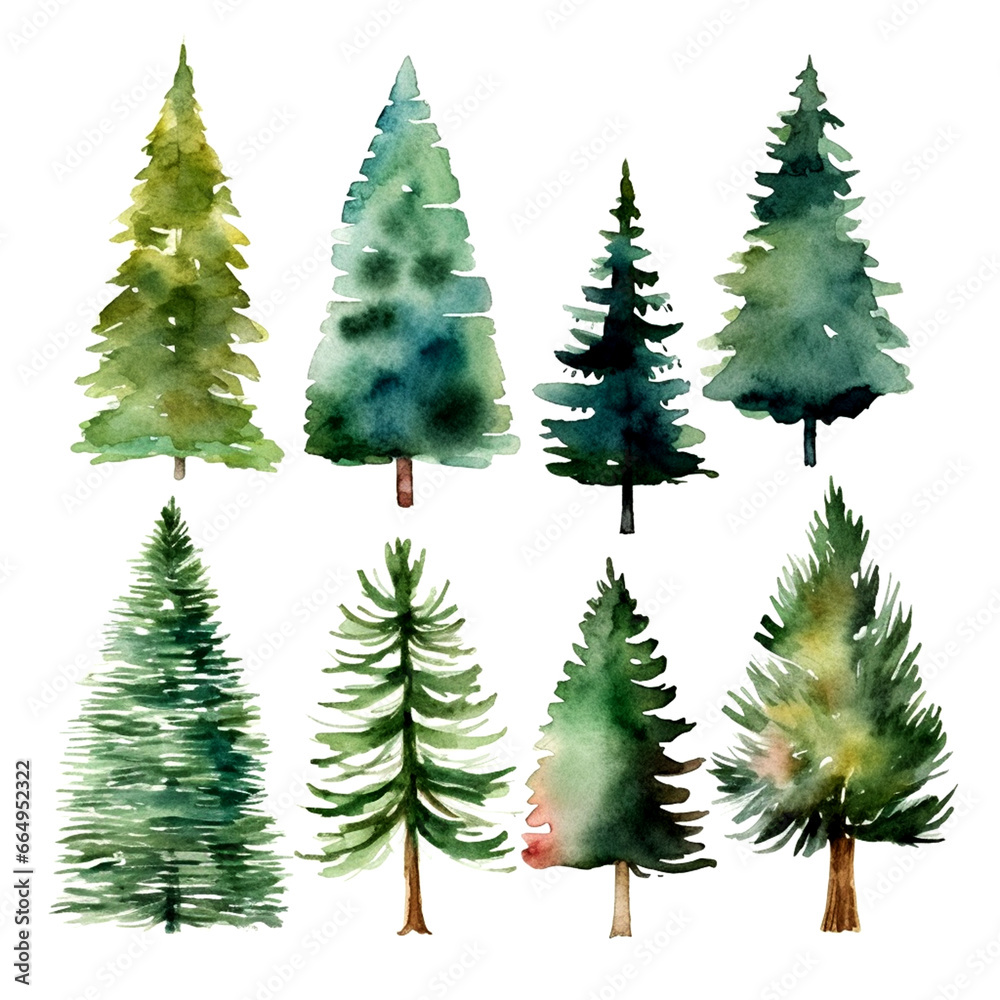Simple Watercolor Set of Christmas Green Trees Clipart Isolatet on White Background