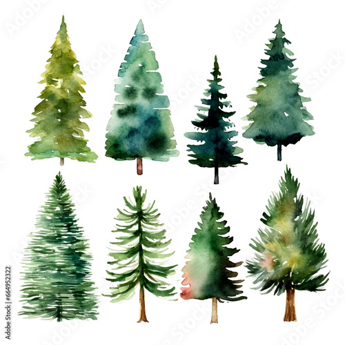 Simple Watercolor Set of Christmas Green Trees Clipart Isolatet on White Background