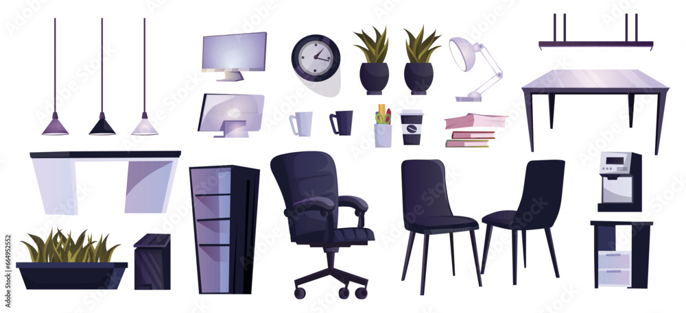 Set of modern office furniture, room interior equipment. Collection of desk, computer, armchair, project, clocks, folders, locker. Workspace concept. Isolated on white background. Vector illustration