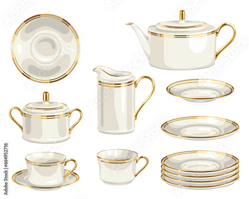 Set of white porcelain collection, old vintage plate, teapot, kettle, cup. Ceramic crockery, antique dish. Concept of britain afternoon tea drinking. Isolated on white background. Vector illustration