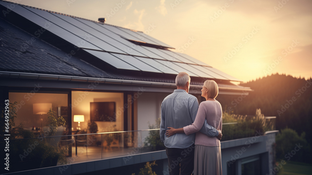 Smiling elderly couple standing in front of their luxurious villa in the evening Smiling elderly couple standing in front of their luxurious villa in the evening