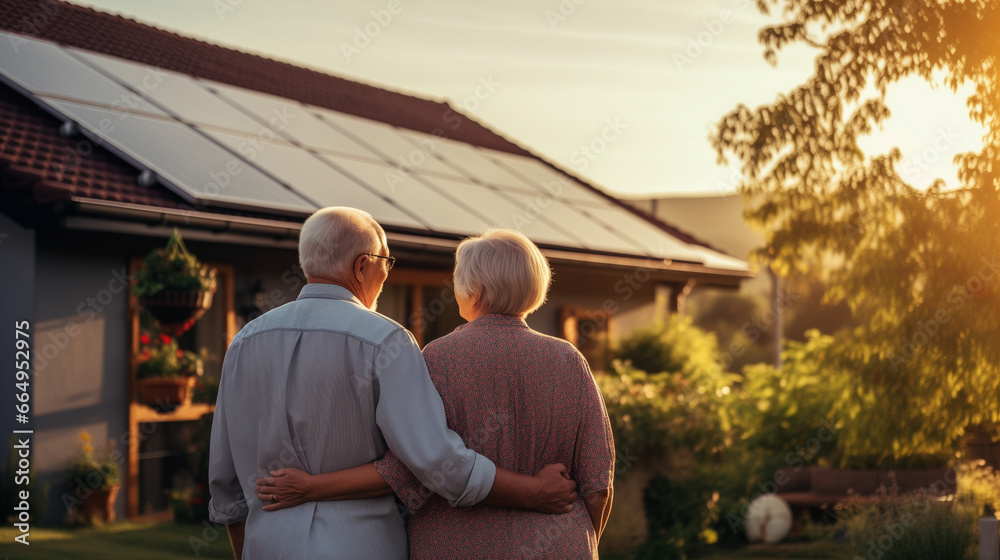 Smiling elderly couple standing in front of their cottage in the evening