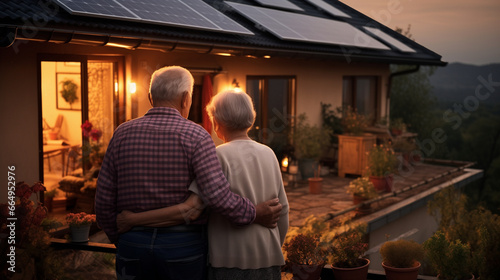 Smiling elderly couple standing in front of their cottage in the evening photo
