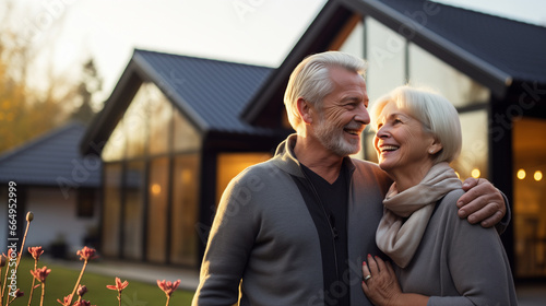 Smiling elderly couple standing in front of their luxurious villa in the evening photo
