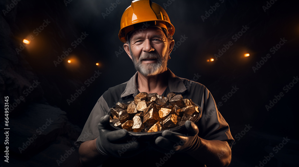 A satisfied gold miner in a helmet in a mine holds a pile of extracted gold nuggets. - obrazy, fototapety, plakaty 