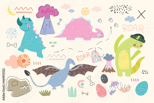 Set of four cute dino in pastel colors, plants, volcano, eggs, spots, bones. Colorful stickers, vector illustration.Doodle   © Юлия Ткачук