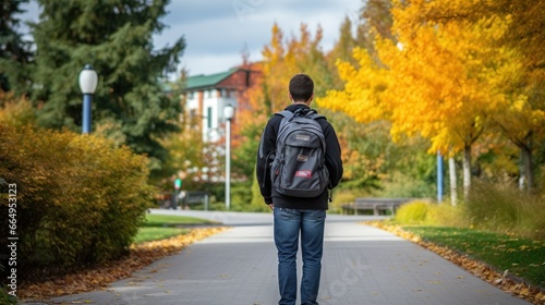 College student heading to university with a backpack, walking from the street. Education banner concept for back to school.