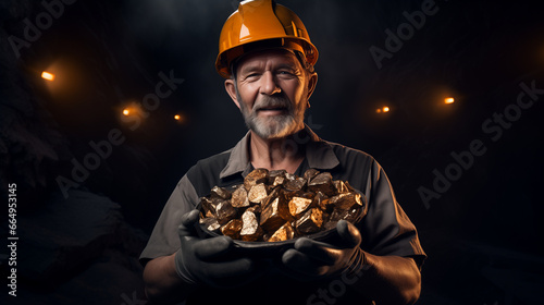 A satisfied gold miner in a helmet in a mine holds a pile of extracted gold nuggets.