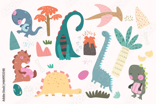 Set of six cute dino in pastel colors, plants, volcano, eggs, spots. Colorful stickers, vector illustration.Doodle	
